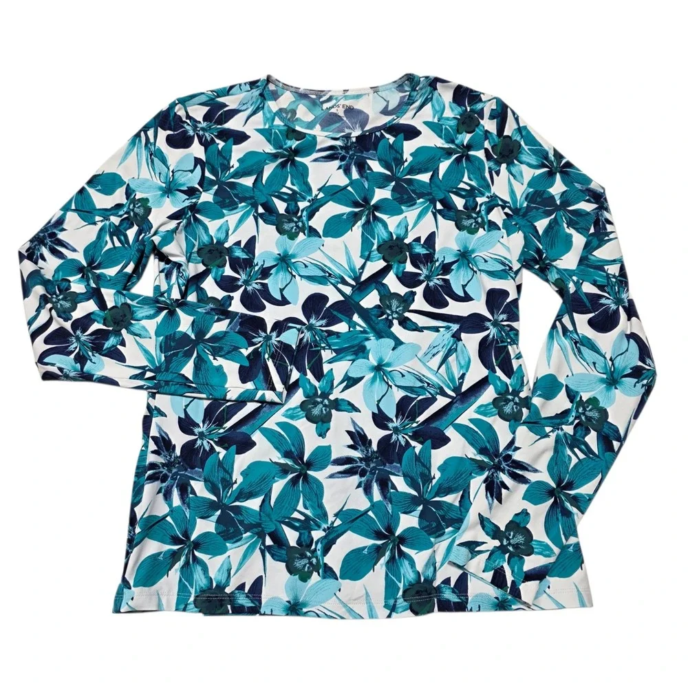 Lands' End Rash Guard Women S Blue Floral Long Sleeve Crew Neck Swim Top